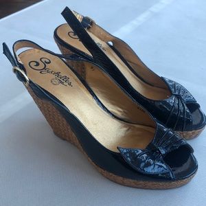 Seychelles navy patent leather wedge slingbacks